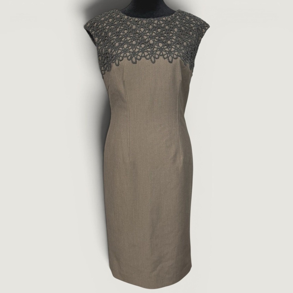 Jones New‎ York Dress Womens 4 Taupe Brown Crochet Lace Yoke Sheath Cap Sleeve